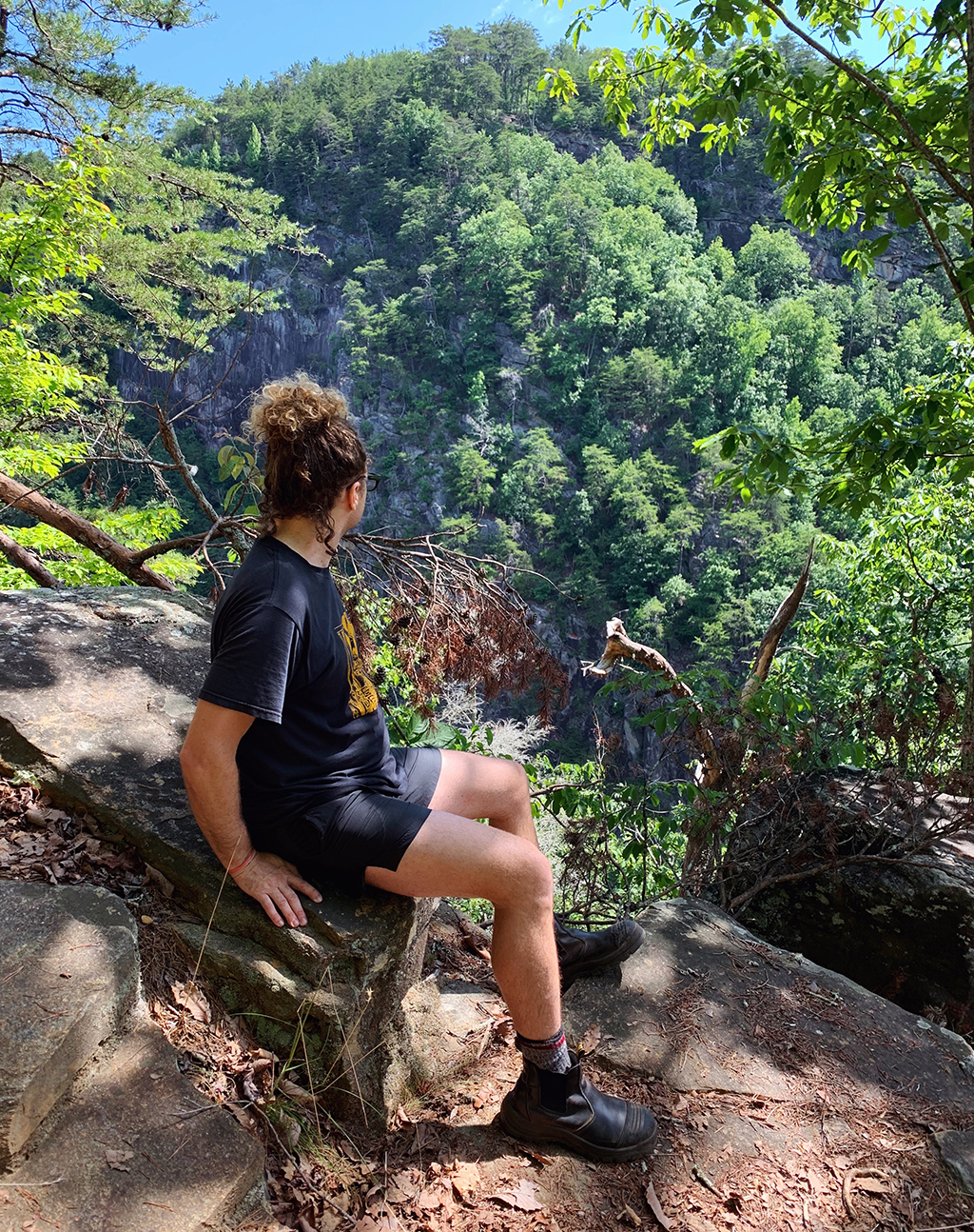 man sitting on rock, on the climb out of Tallulah Gorge
