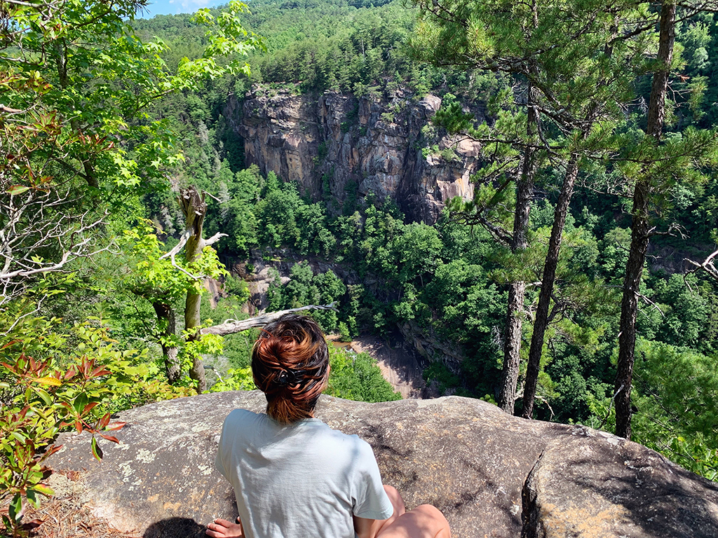 woman sitting on a rock looking out at Tallulah Gorge