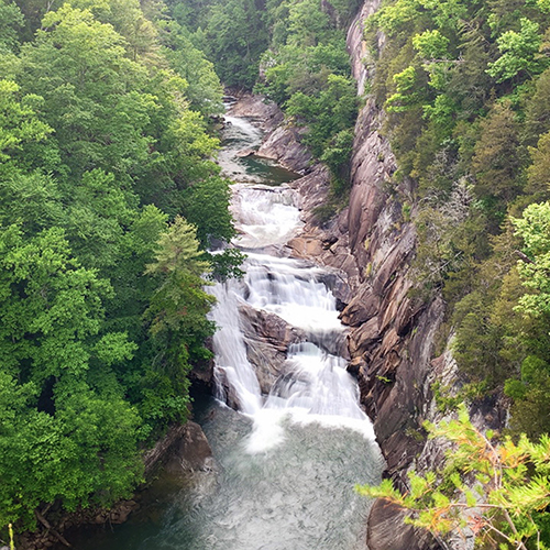 aerial view of Hurricane Falls at the bottom of Tallulah Gorge