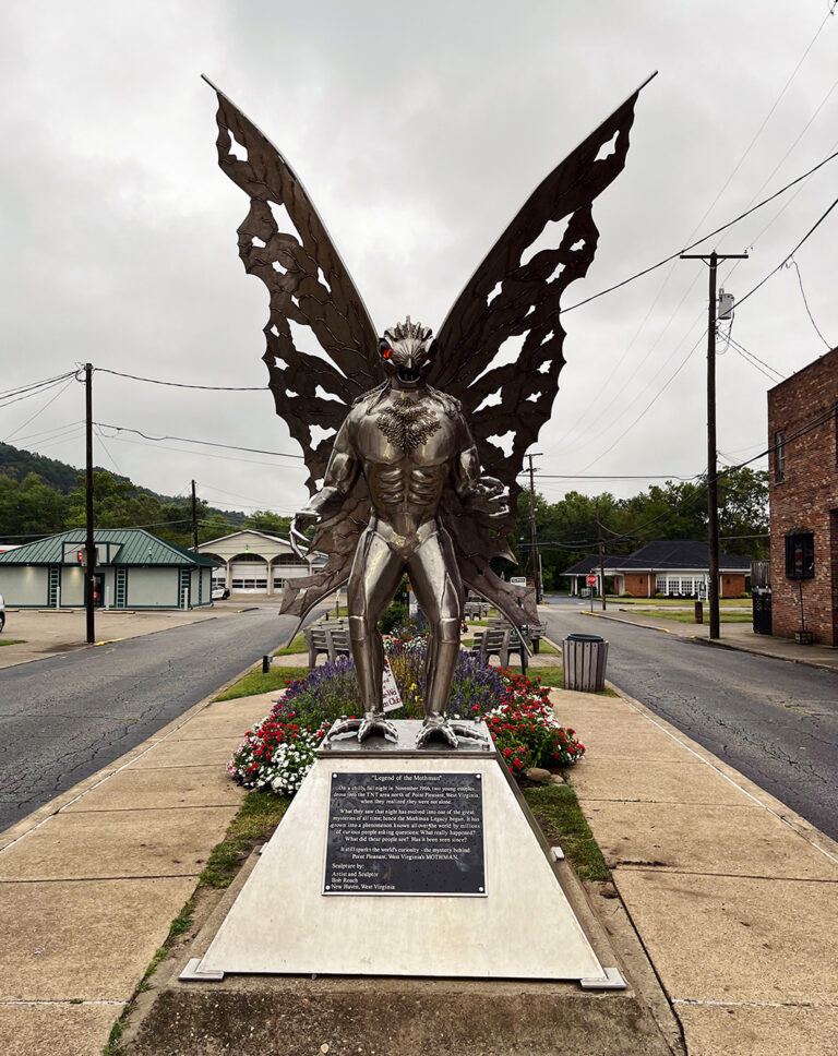 steel sculpture of Mothman in downtown Point Pleasant