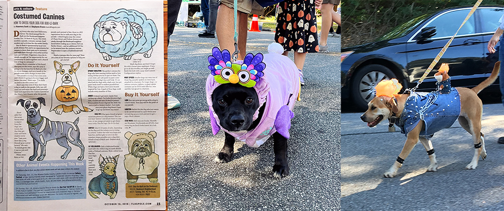 split image of an illustration of dogs in costume, a dog in a purple costume, and a dog dressed as a punk