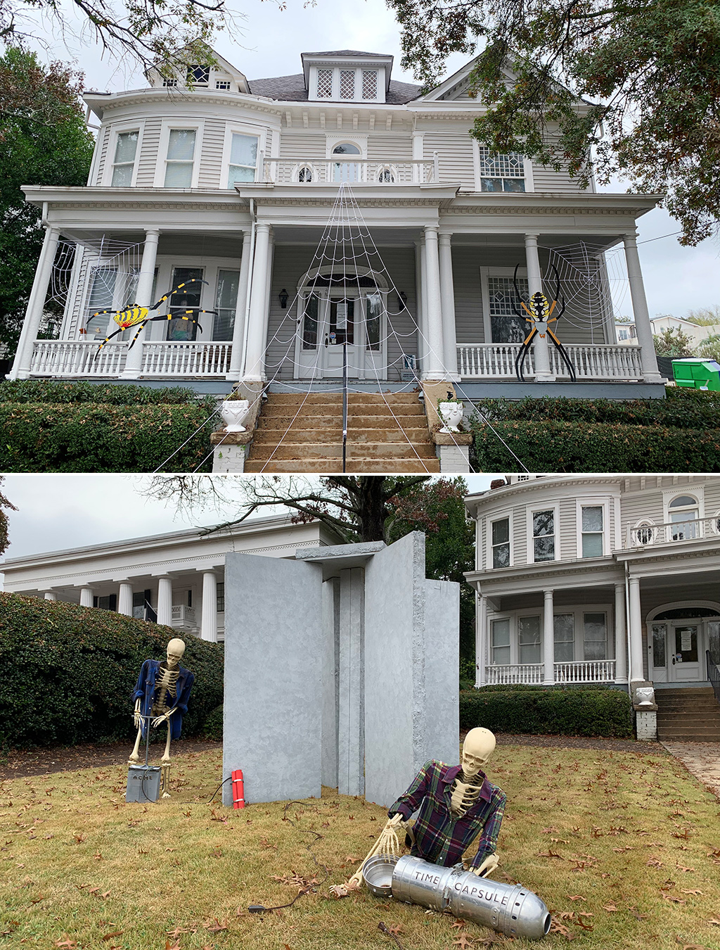 split image of a historic home decorated with spider cutouts and the georgia guidestones