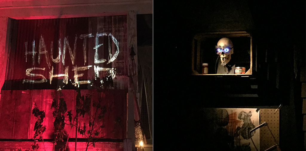 split image of a haunted shed
