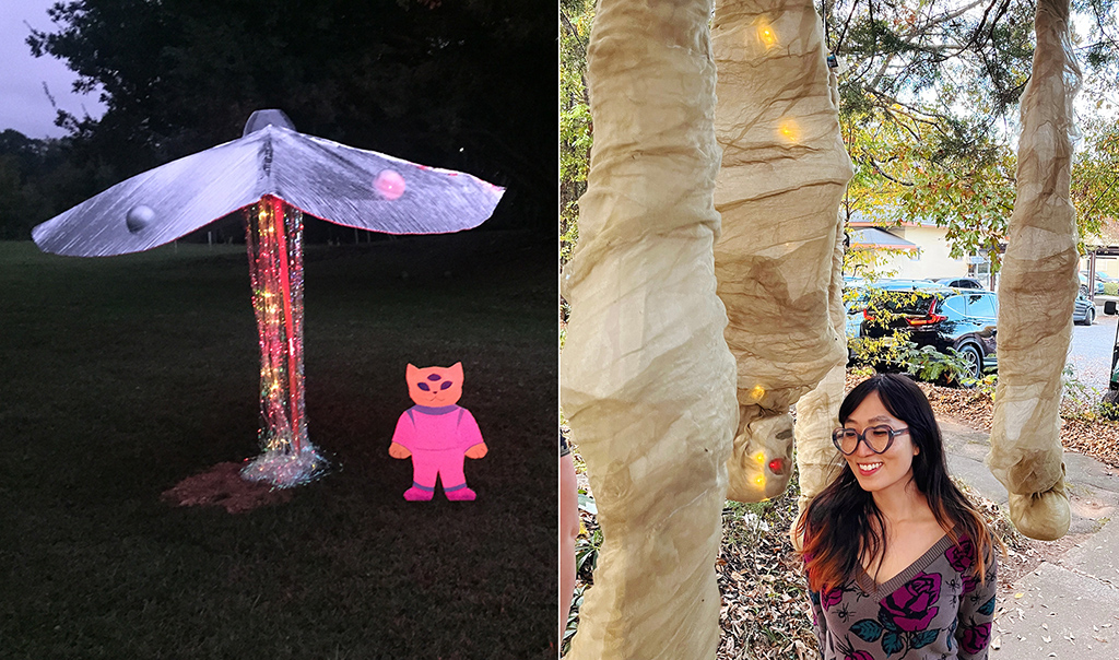 split image of a ufo and cat cutout at night and a girl standing by mummies