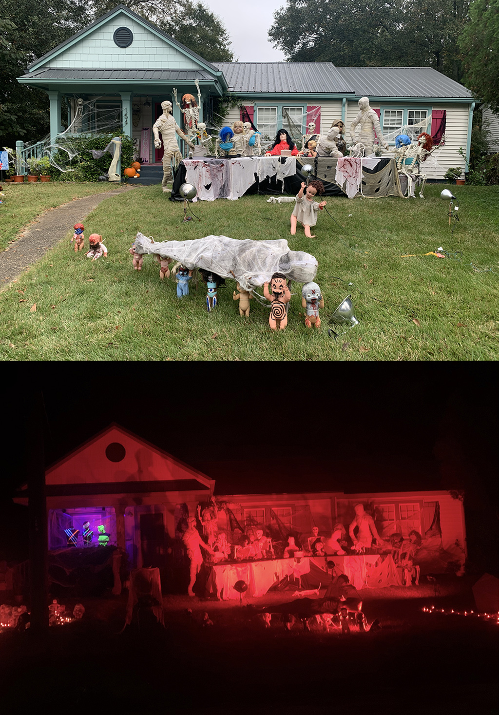 split image of a house and yard decorated with creepy dolls