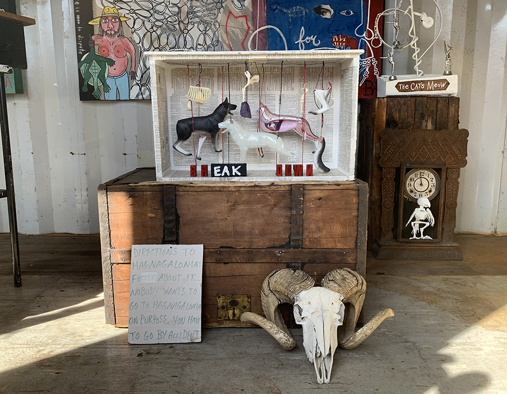 display with diorama, skull and paintings