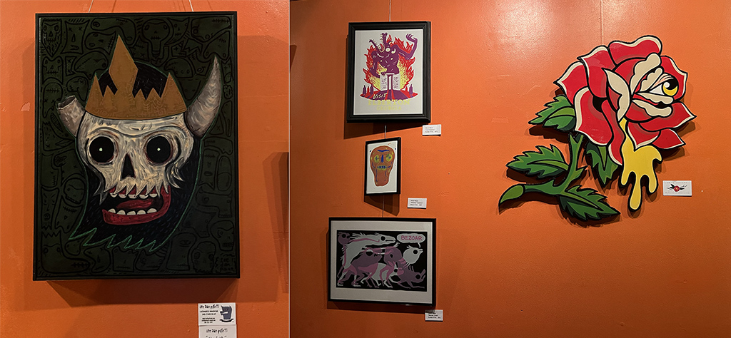 split image of a crowned skull, colorful screenprints and large cutout of a drippy rose