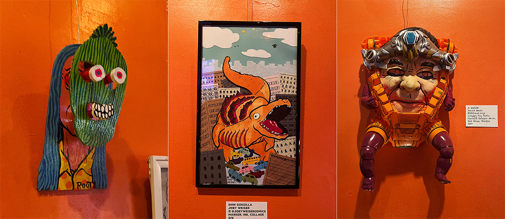 split image of halloween art on an orange wall