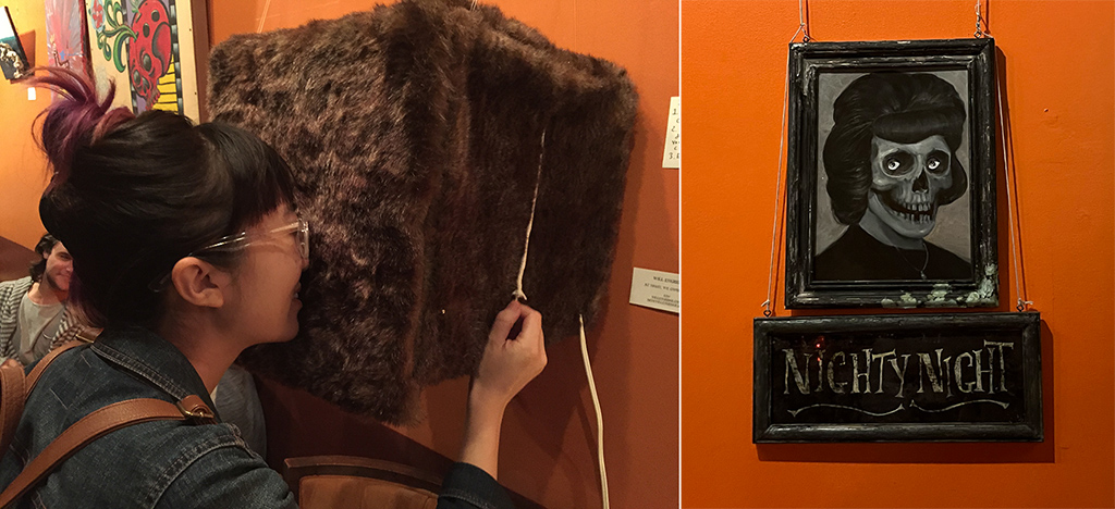 split image of woman looking into a furry box and a spooky portrait of a skeleton lady