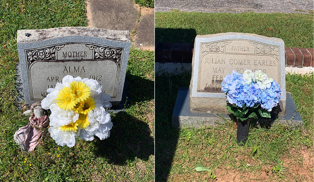 a split image of the graves for mother 'Alma' and father 'Julian'