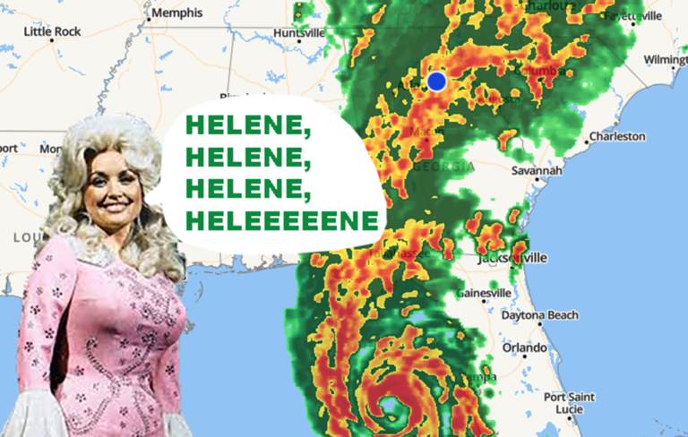 dolly parton in a pink outfit next to a climate map of the southeast
