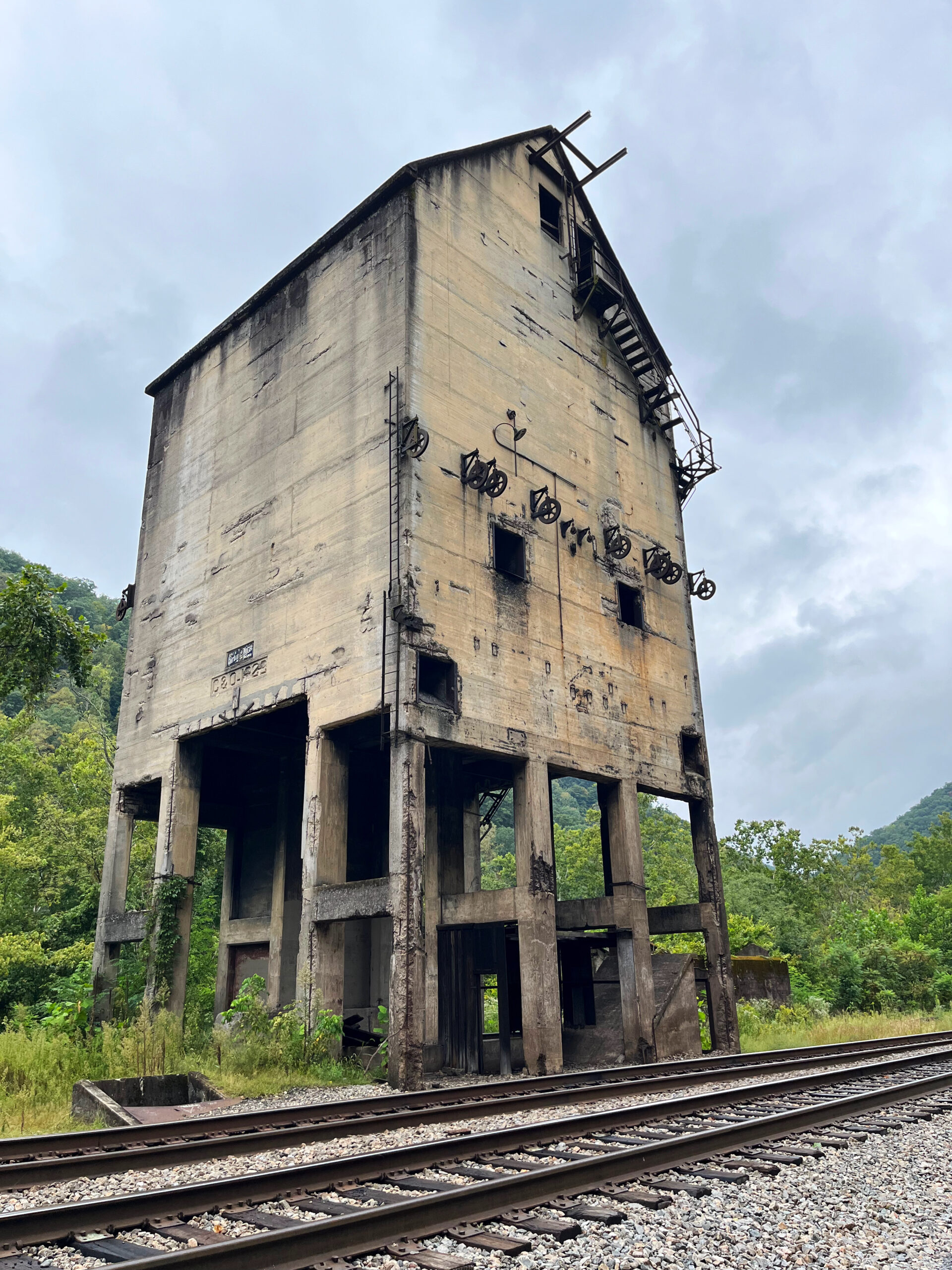 abandoned yellow coaling tower in Thurmond, West Virginia
