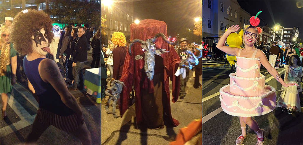 split image of people in halloween costumes