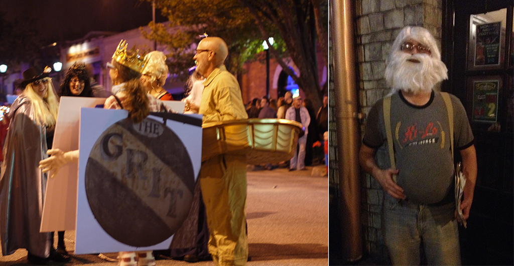 split image of a couple dressed as the grit and ort
