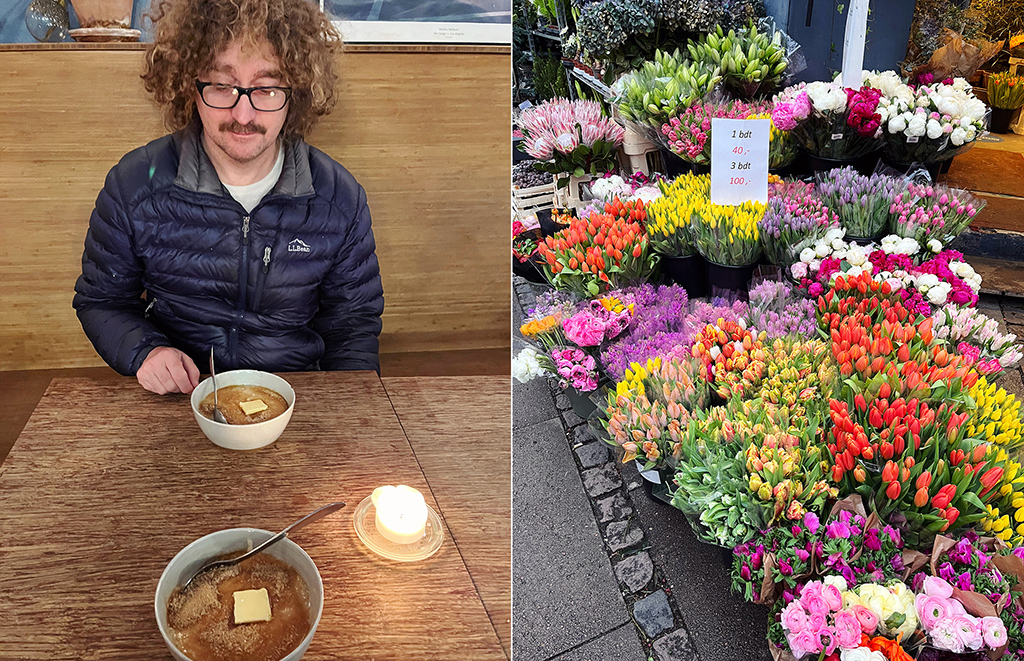 split image of a man with two bowls of porridge and flowers for sale