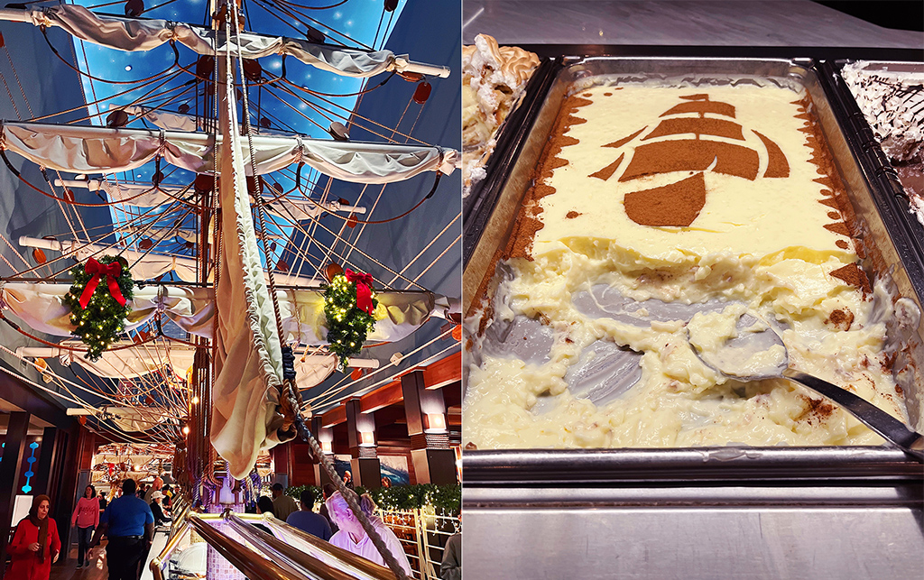 a buffet station decorated with ship sails and a rice pudding with a cinnamon stencil on top