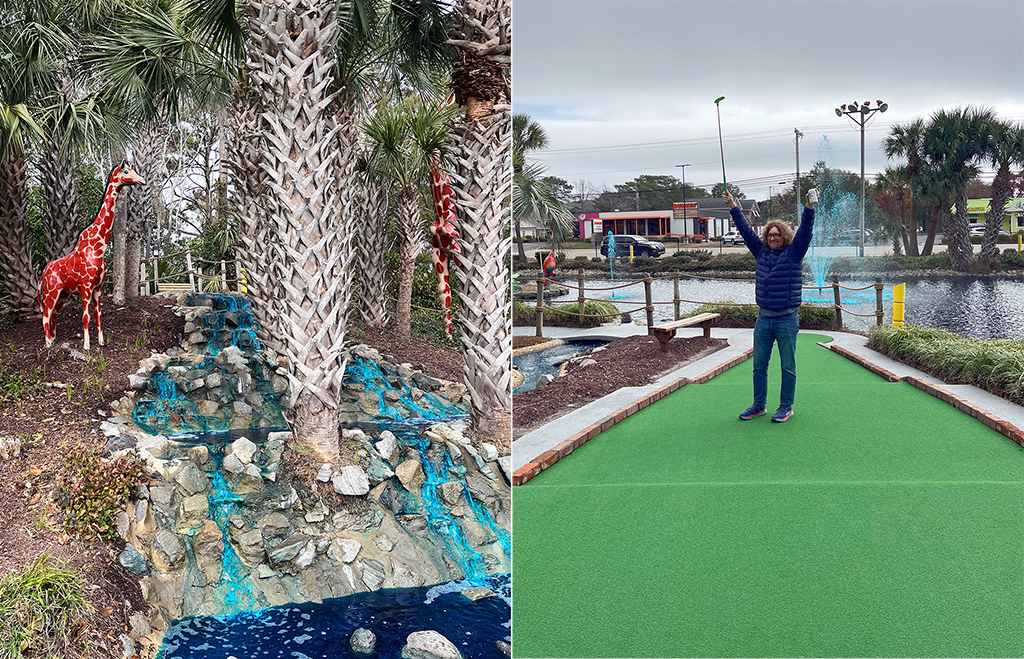Giraffe statues at the top of a neon blue waterfall and a man celebrating at Jungle Safari mini golf in Myrtle Beach