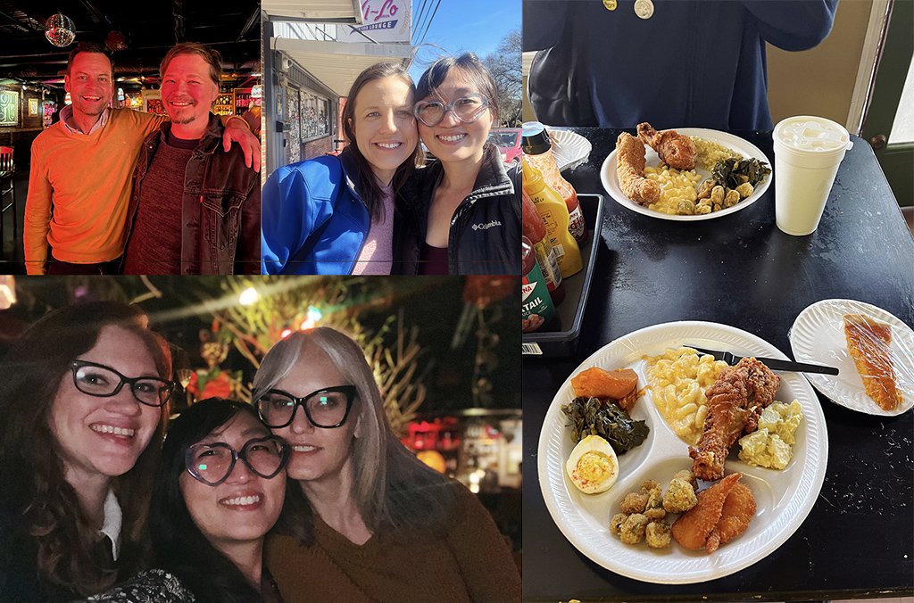 collage of friends' selfies and two plates of soul food