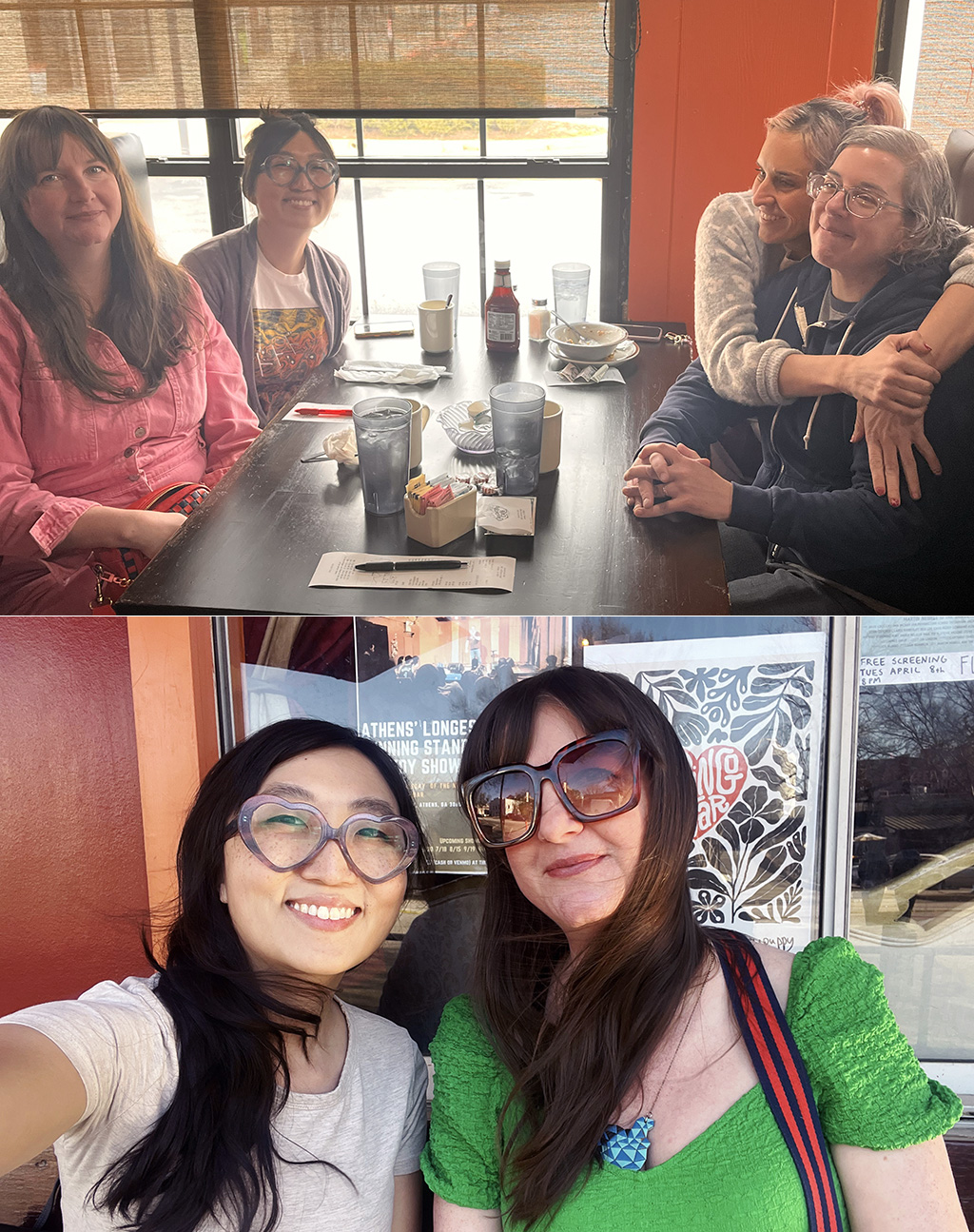a photo of four women at a restaurant table and a photo of two women outside of a bar
