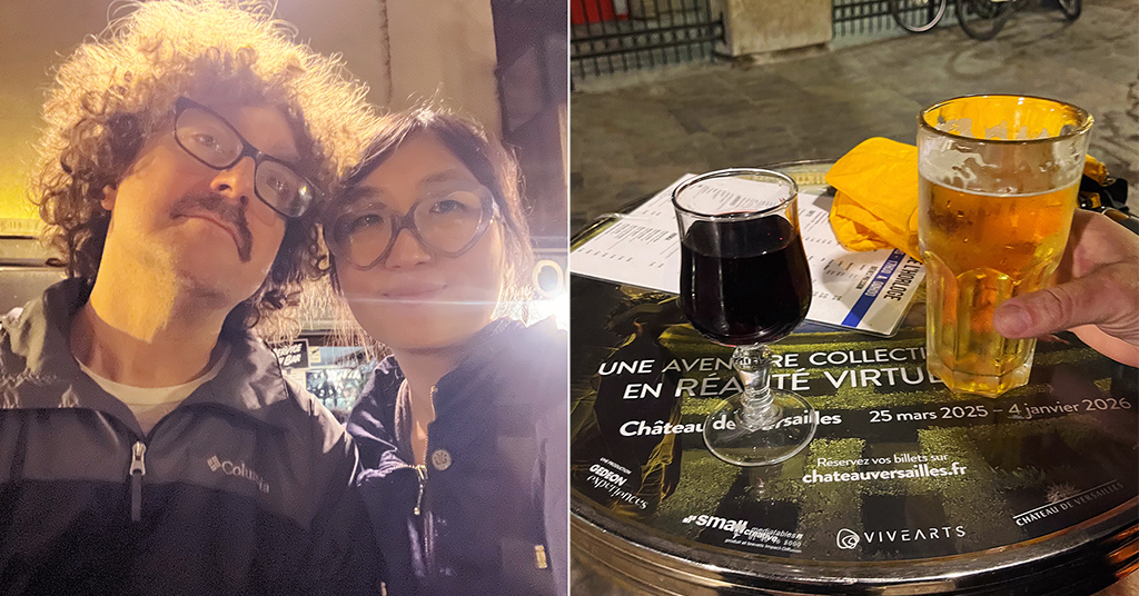 split image selfie of a man and a woman and a glass of wine and a pint of beer