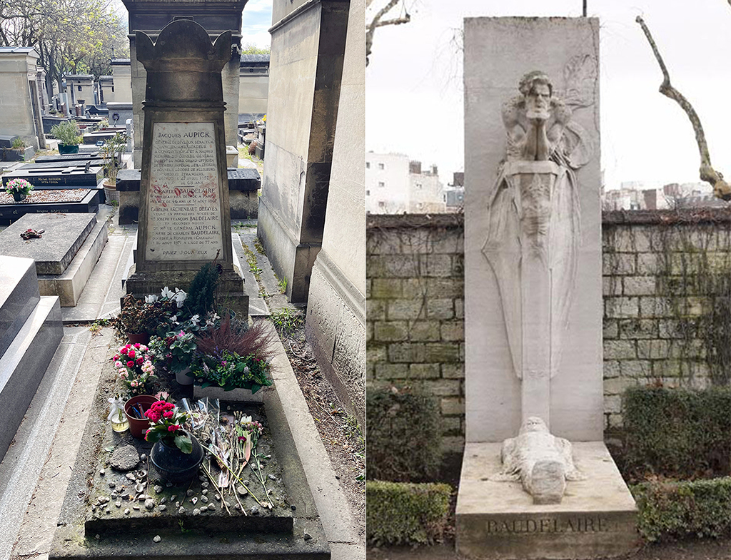 split image of Charles Baudelaire's grave and cenotaph