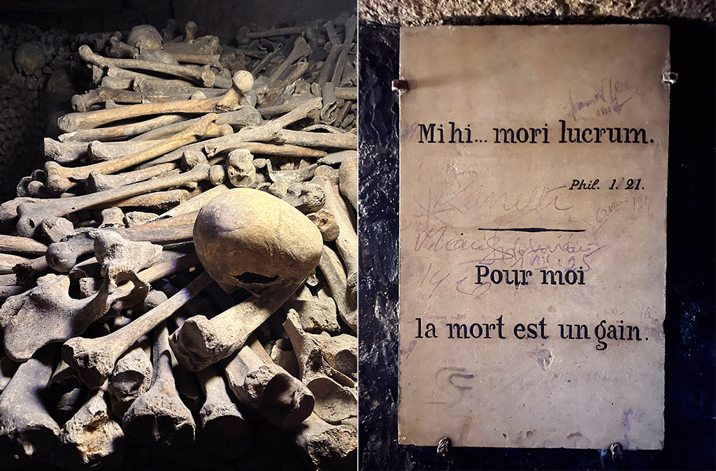split image of bones and a skull in the paris catacombs and a french quote