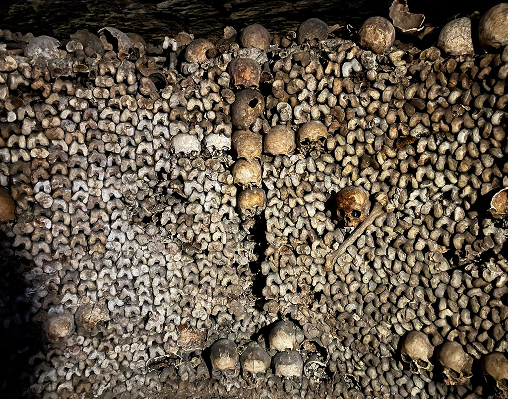skulls arranged in a cross in the Paris catacombs