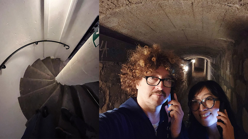 split image of the spiral stairs and a couple in one of the tunnels in the Paris catacombs