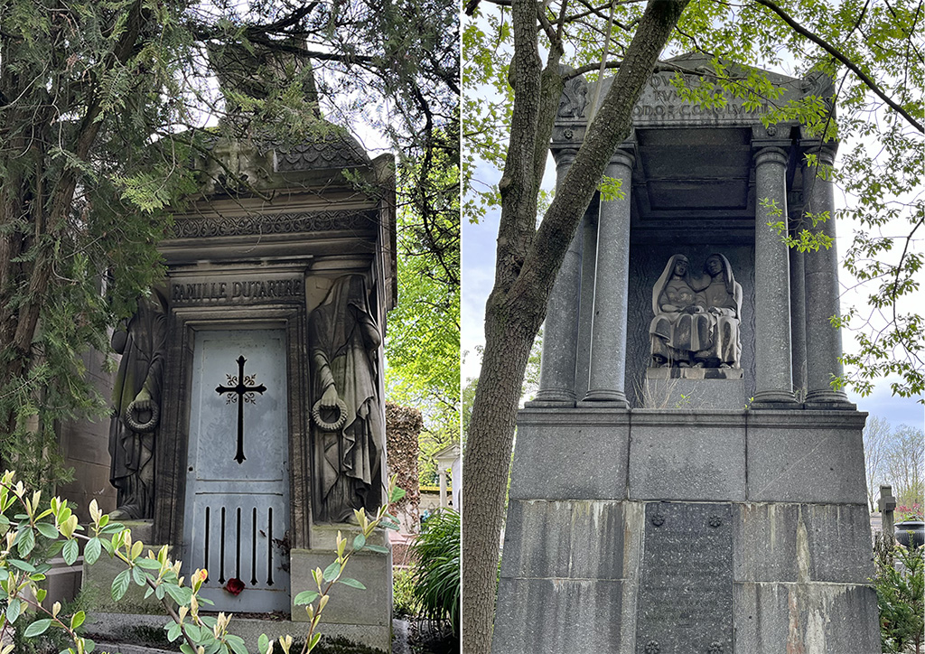 split image of a mausoleum with a cross and a mausoleum with columns and two nuns