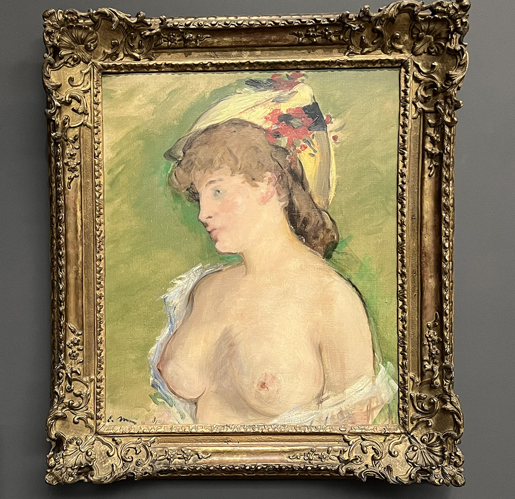 painted portrait of a woman in profile with exposed breasts