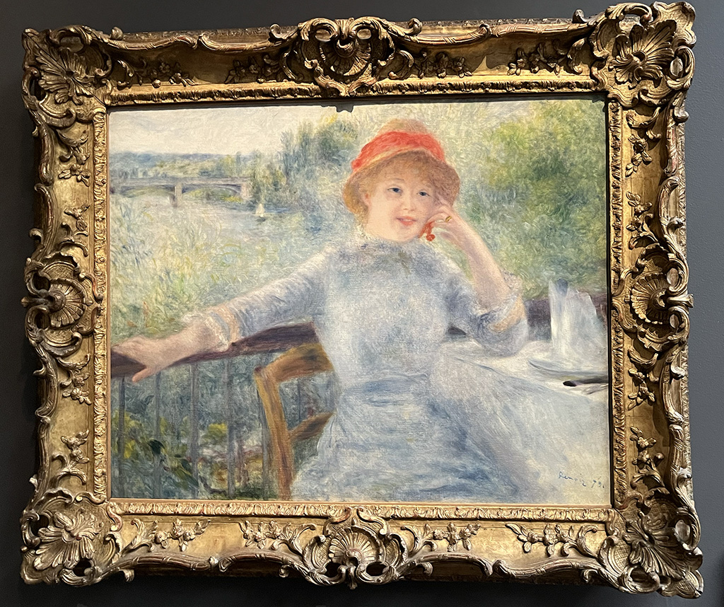 painting of a woman in a blue dress with red hat on a balcony