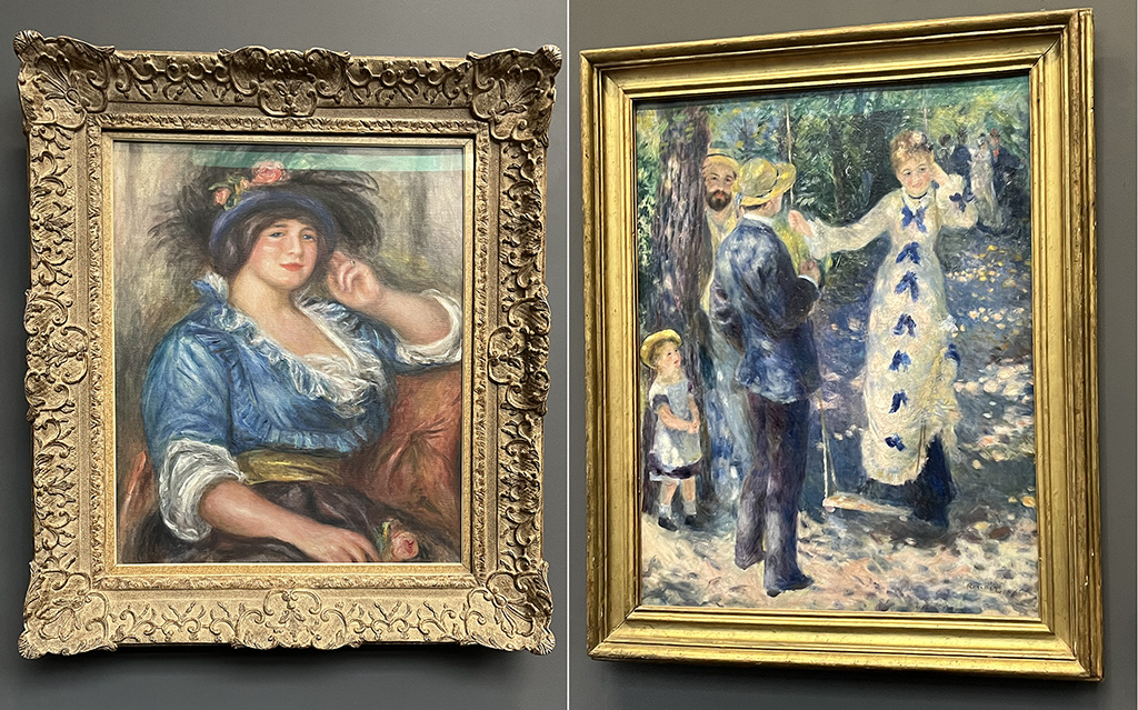 a portrait painting of a woman in blue with a rose in her hat and a painting of a woman in a white dress with blue bows