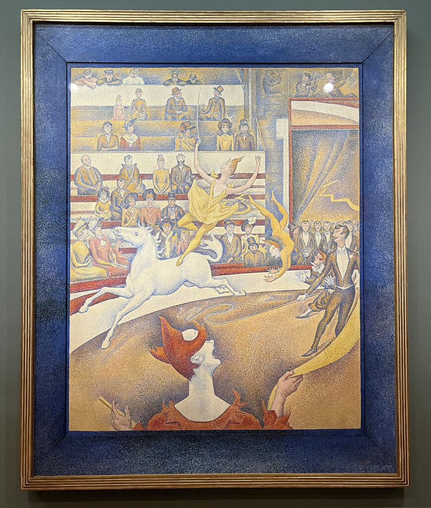 painting of a circus performer in a yellow costume standing on top of a white horse with other circus performers on either side and an audience behind
