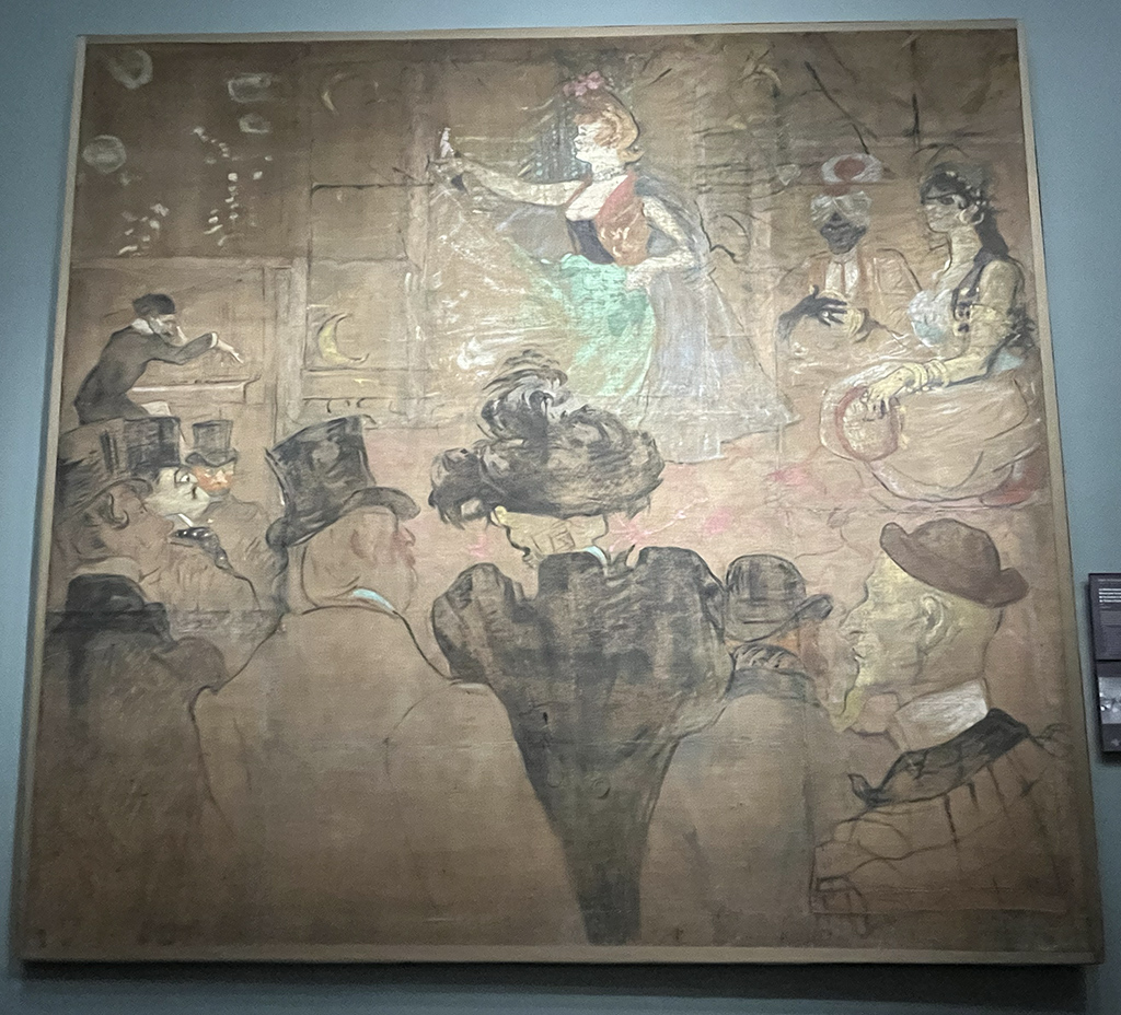 painting in muted tone with dancer in vibrant green skirt