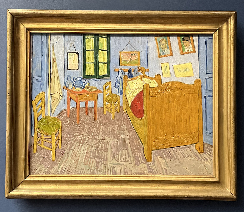 painting of a room with a wooden bedframe and blue walls