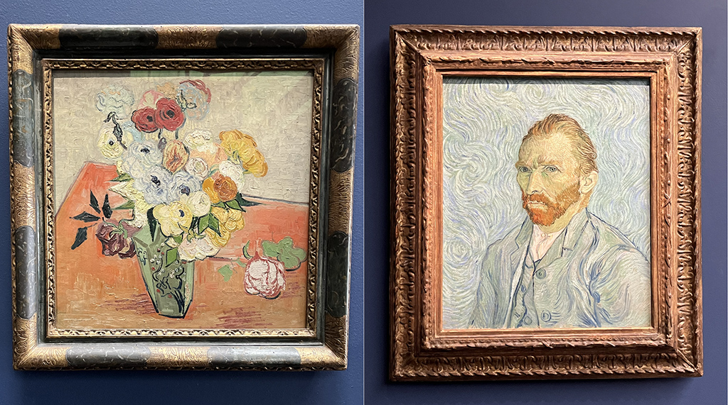 painting of flowers in a vase and a self portrait painting